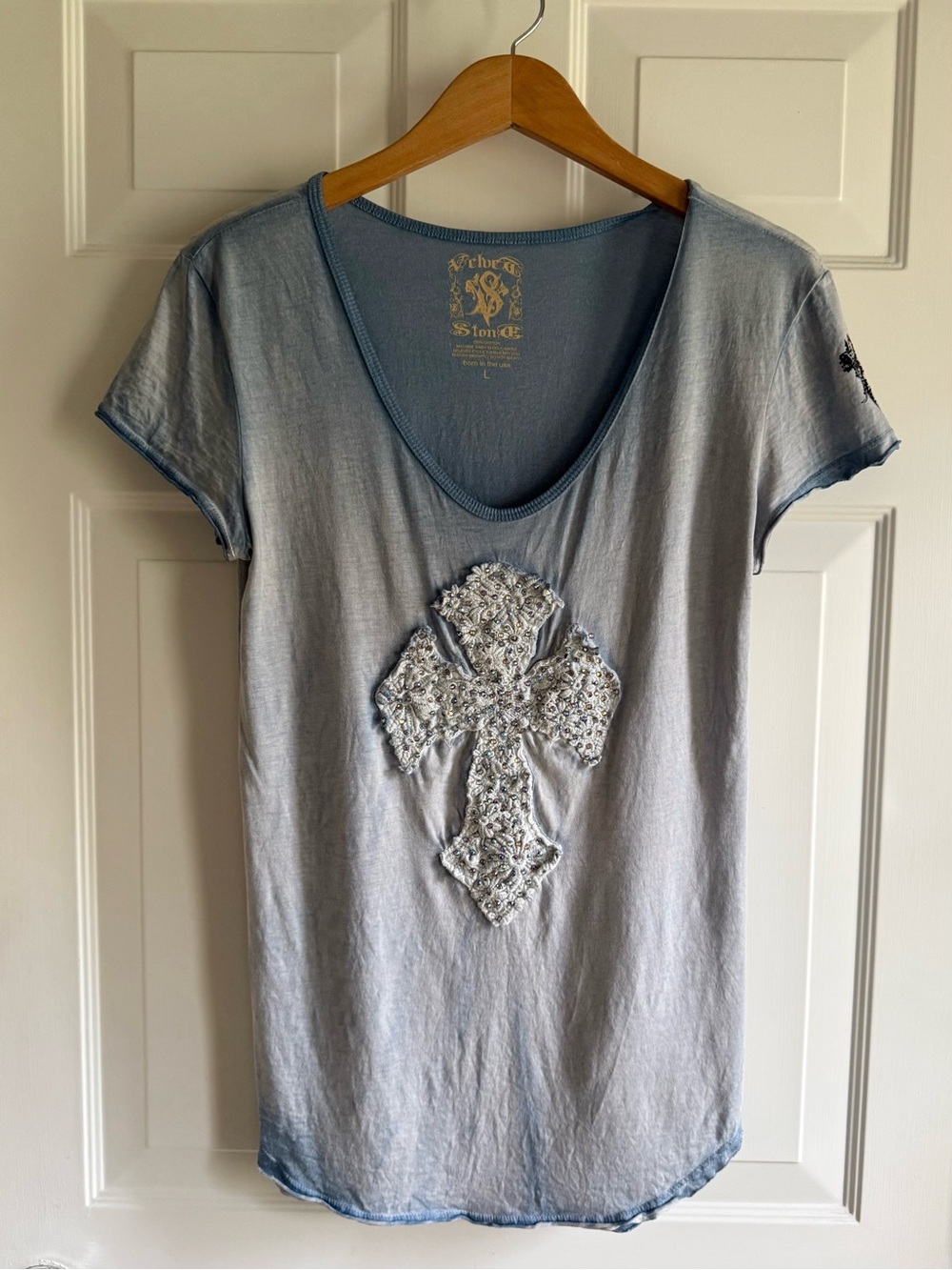 Velvet Stone Rhinestone Cross Tee L Made USA Mineral Wash Y2K Boho Rocker